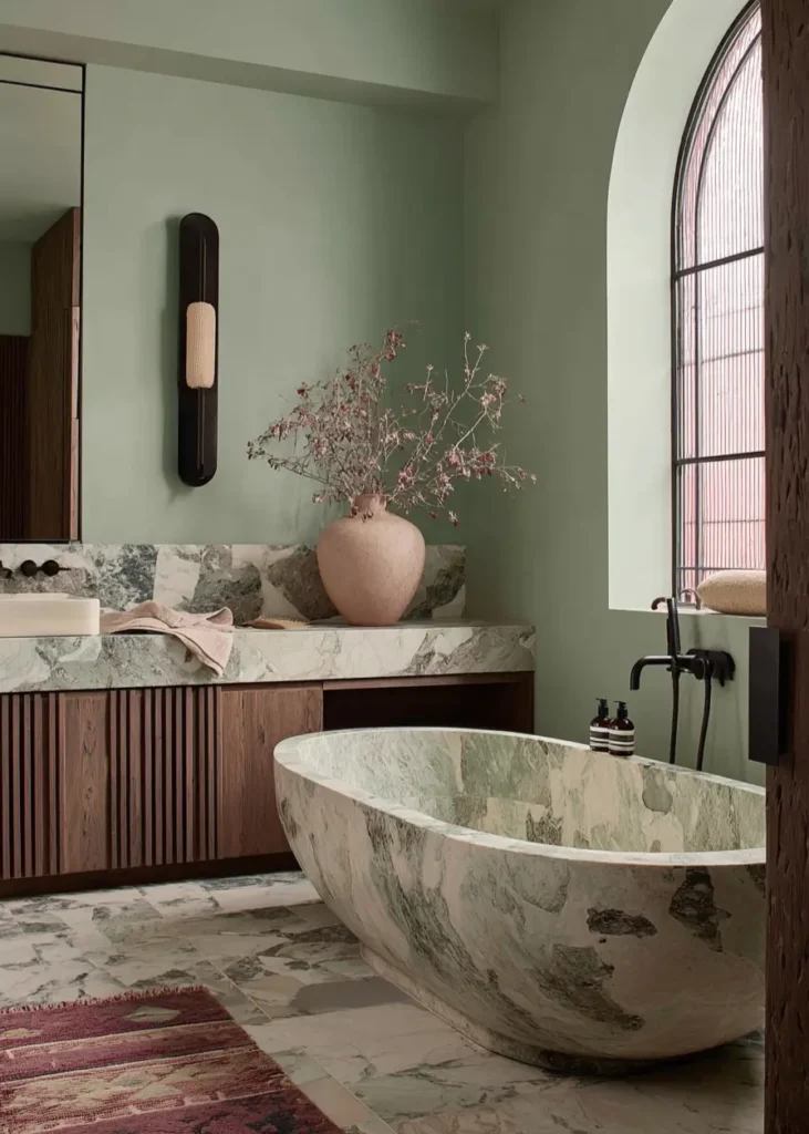 46 Scandinavian Bathroom Design Ideas for a Serene Sanctuary 40 Sage green walls and matching stone bathtub in a monochromatic Scandinavian bathroom with arched window.