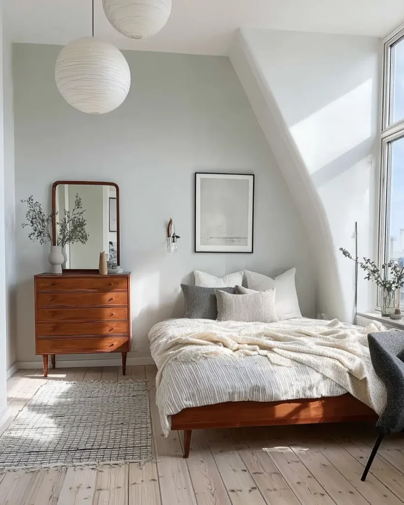 47 Scandinavian Bedroom Interior Design Ideas for a Serene Retreat 40 Scandinavian design bedroom with mid-century modern teak furniture, pale green walls, and paper pendant lights.