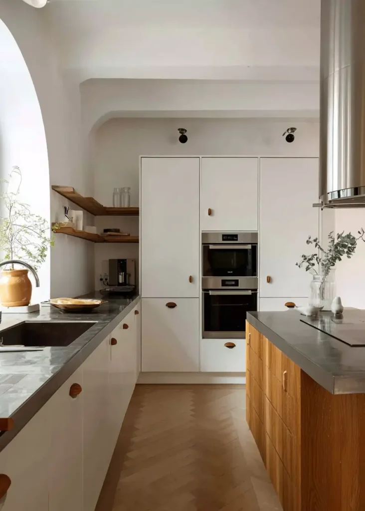 Scandinavian kitchen interior design featuring arched doorway and herringbone floor.