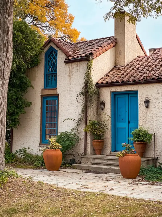 38 Small Mediterranean-Style Homes That Define Coastal Charm 40 Cream stucco small Mediterranean home with bright blue window and door accents, terracotta roof, and large clay planters.