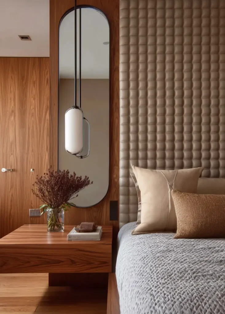 49 Headboard Design Ideas That Instantly Elevate Your Bedroom 41 Floor-to-ceiling biscuit tufted leather headboard with modern pendant light and wood paneling.
