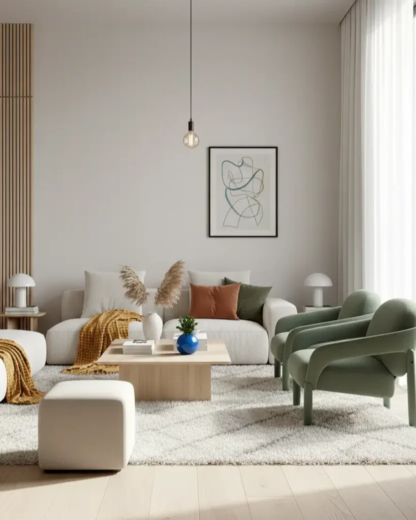 A contemporary Scandinavian living room with a white sofa, sage green chairs, a high-pile rug, and a wood-slat accent wall.