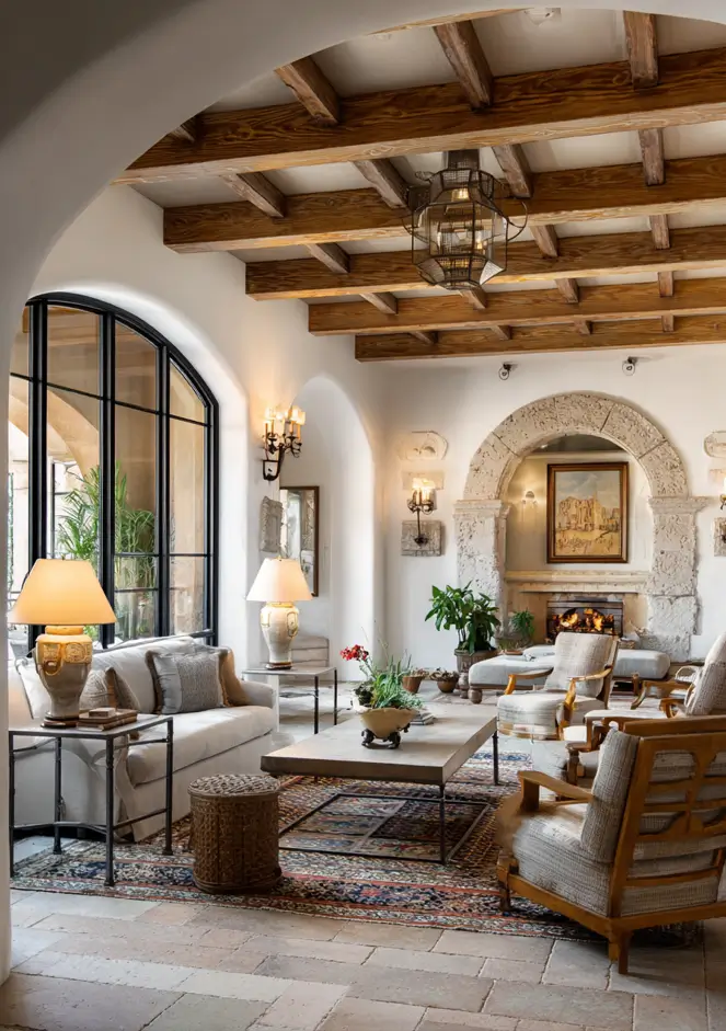 46 Modern Mediterranean Living Room Design Ideas 41 Mediterranean living room decor with black iron-framed windows and stone archway.