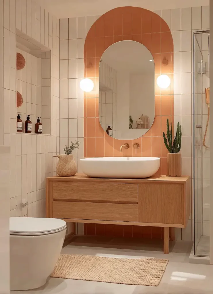 43 Mid Century Modern Small Bathroom Ideas for a Timeless Oasis (2025) 41 Custom oak vanity with white vessel sink and terracotta arched tile feature.