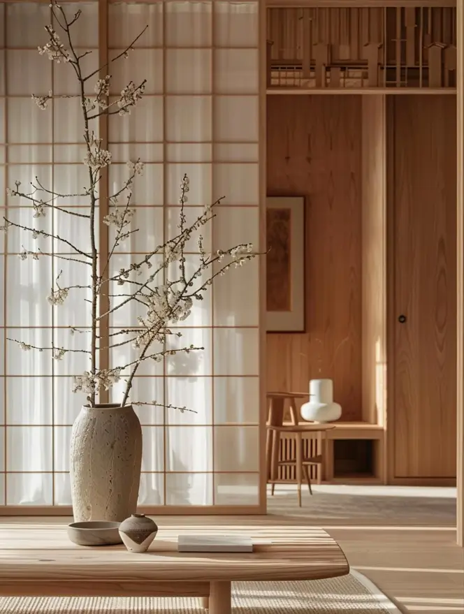 A serene Japandi room with shoji screens and a large wabi-sabi vase holding blossoming branches.