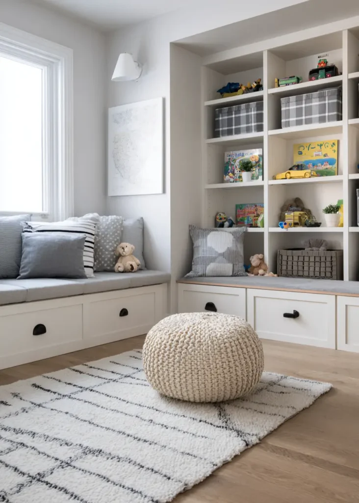 A modern ranch style playroom with a white built-in window seat and shelving.