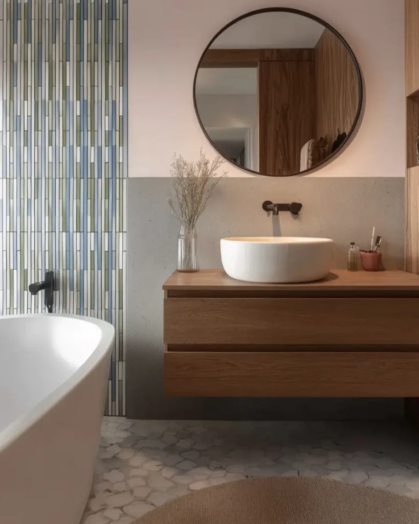 46 Scandinavian Bathroom Design Ideas for a Serene Sanctuary 41 Vertical blue and green mosaic tile wall behind a freestanding tub and wood vanity.