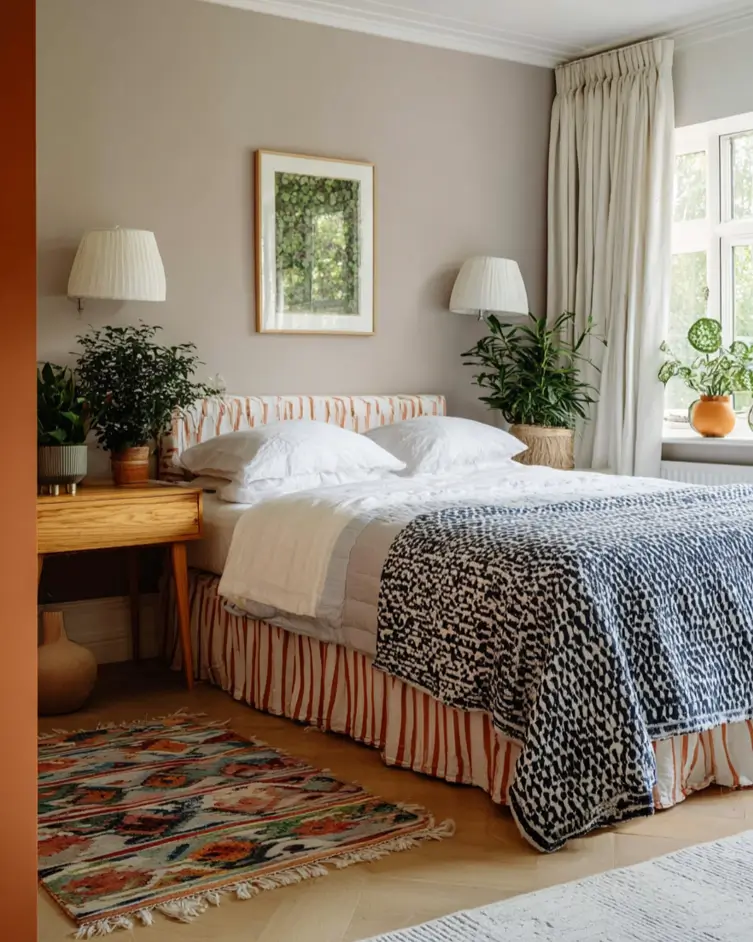 47 Scandinavian Bedroom Interior Design Ideas for a Serene Retreat 41 A Scandinavian design bedroom with greige walls, a striped bed, a patterned quilt, and a colorful vintage-style rug.