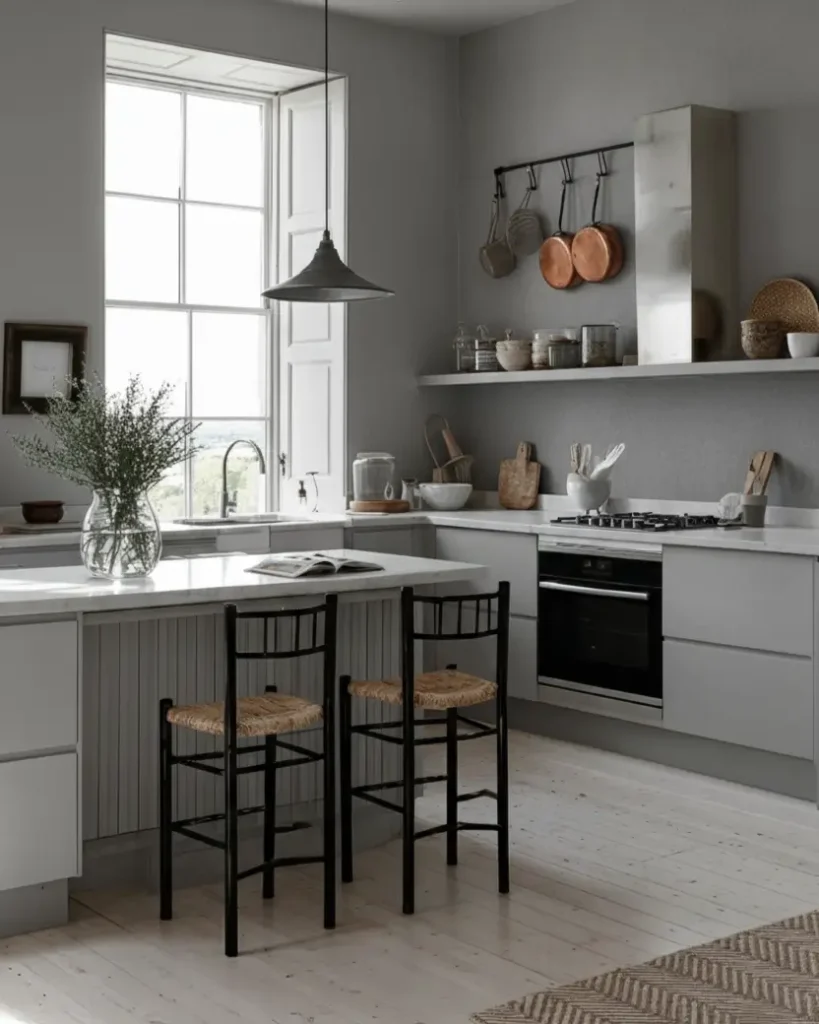 Scandinavian kitchen ideas featuring grey shaker cabinets and copper cookware display.