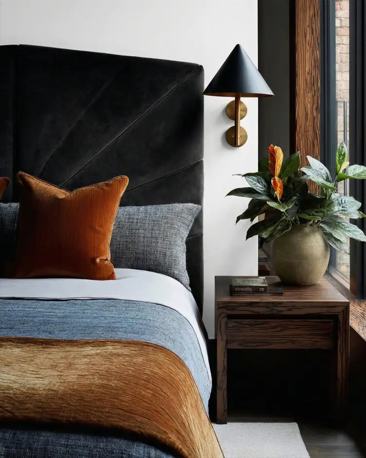 49 Headboard Design Ideas That Instantly Elevate Your Bedroom 6 Charcoal grey velvet headboard with asymmetric diagonal seam detailing and modern sconce.