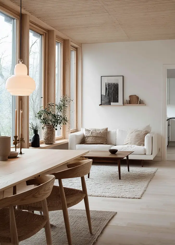 A contemporary Scandinavian living area featuring a light wood-paneled ceiling, large windows, and a white sofa.