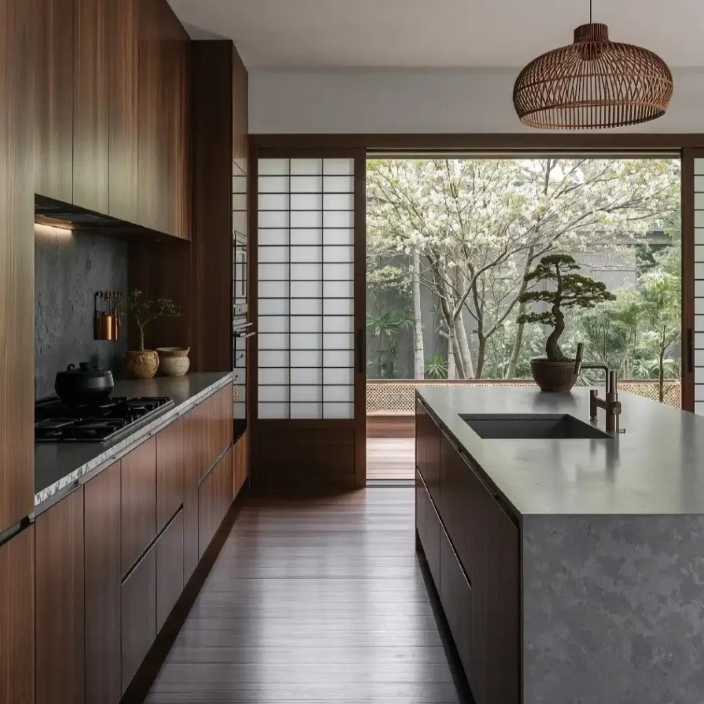 A dark wood Japanese style kitchen with a concrete island, bonsai tree, and shoji screen doors opening to a garden.