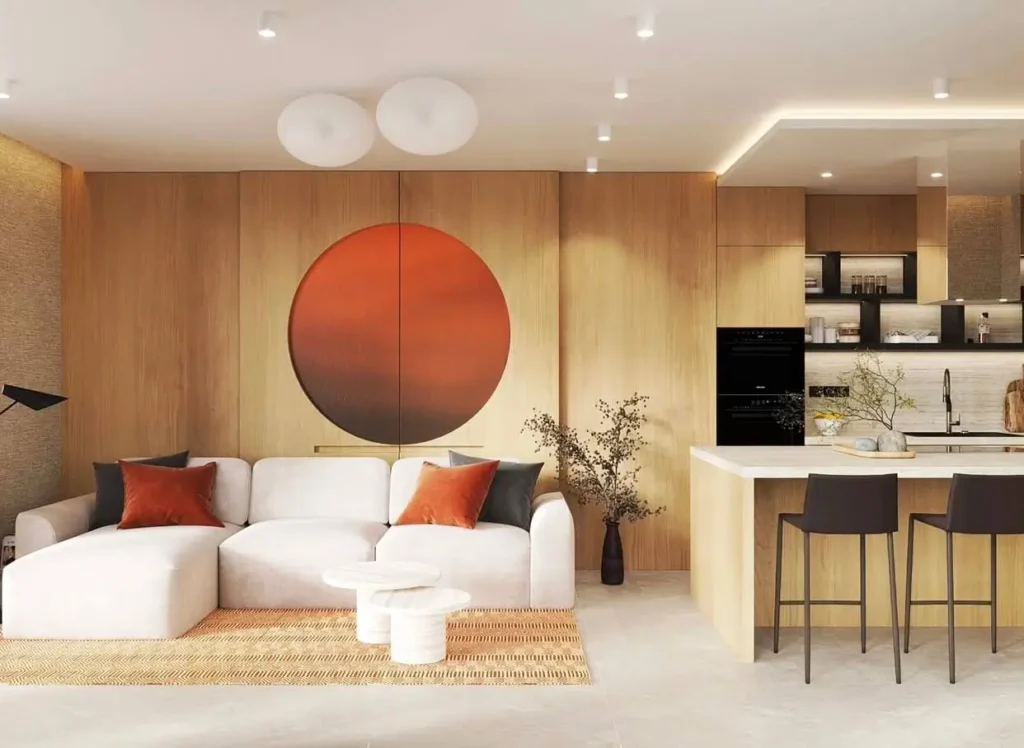 Modern open-plan living room with a wood accent wall and large circular artwork.