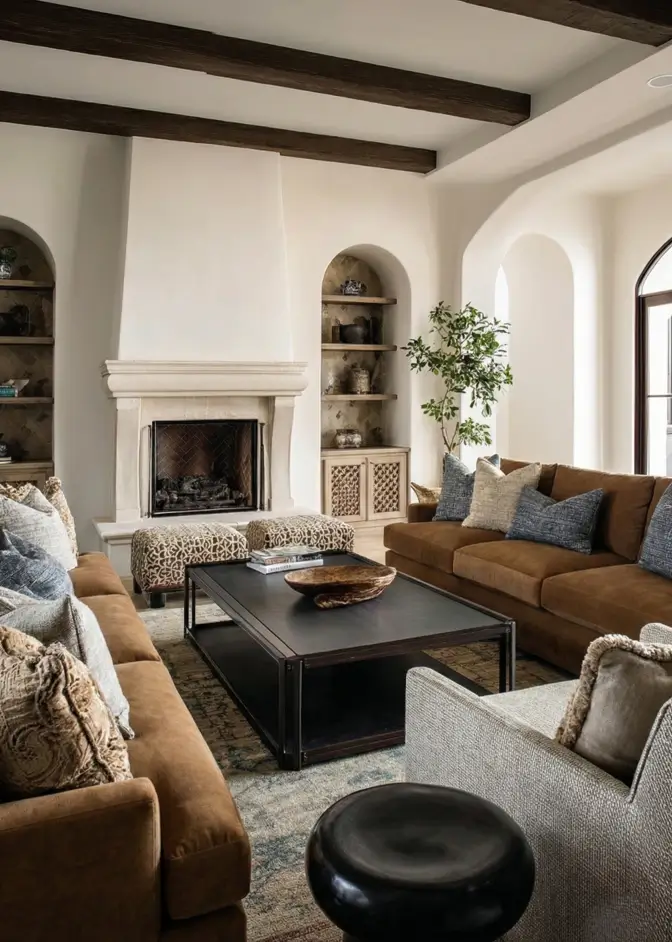 46 Modern Mediterranean Living Room Design Ideas 6 Mediterranean living room decor with symmetrical built-in arched niches and cognac velvet sofas.