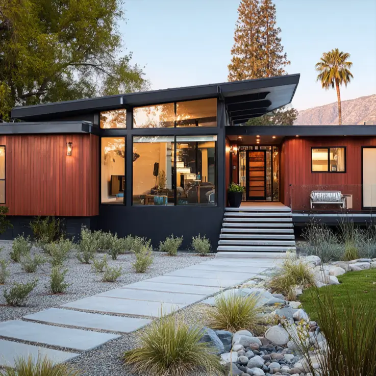37 Mid Century Modern House Exteriors to Inspire Your Renovation 6 A mid century modern house exterior with reddish-brown wood siding, dark trim, and large glass windows set in a desert landscape.