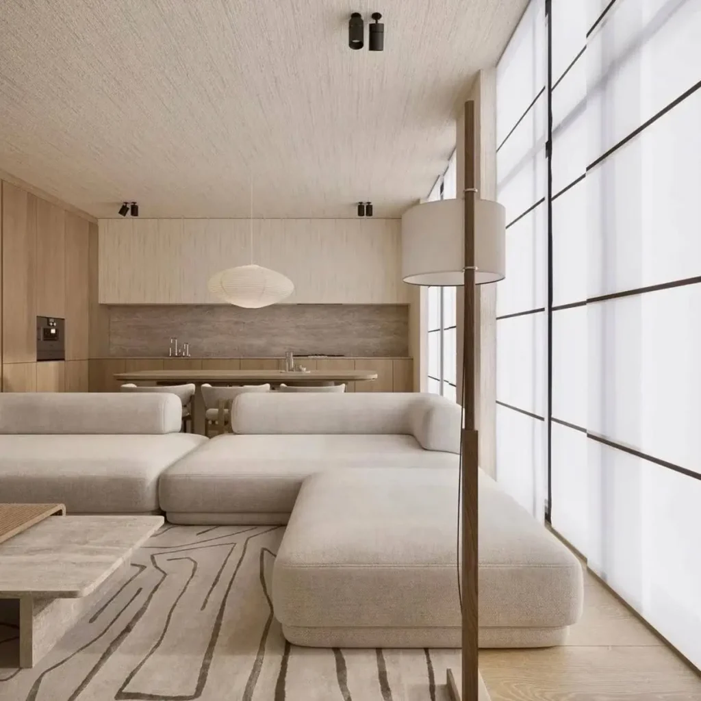 A modern Japanese living room with a large shoji-inspired window wall, part of a minimalist home interior design idea.