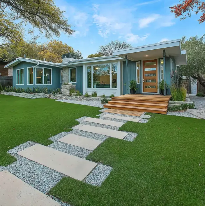 A modern ranch home exterior with blue-gray siding and a natural wood entryway.