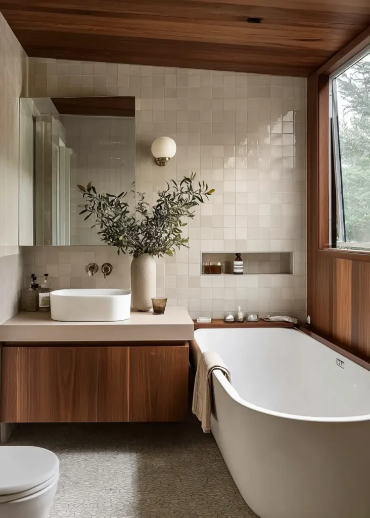 46 Scandinavian Bathroom Design Ideas for a Serene Sanctuary 6 Freestanding bathtub under a warm wood ceiling in a modern Scandi bathroom with beige tiles.