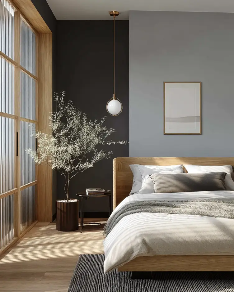 47 Scandinavian Bedroom Interior Design Ideas for a Serene Retreat 6 A modern Scandinavian bedroom with moody charcoal and grey walls, a light oak bed, and fluted glass partitions.
