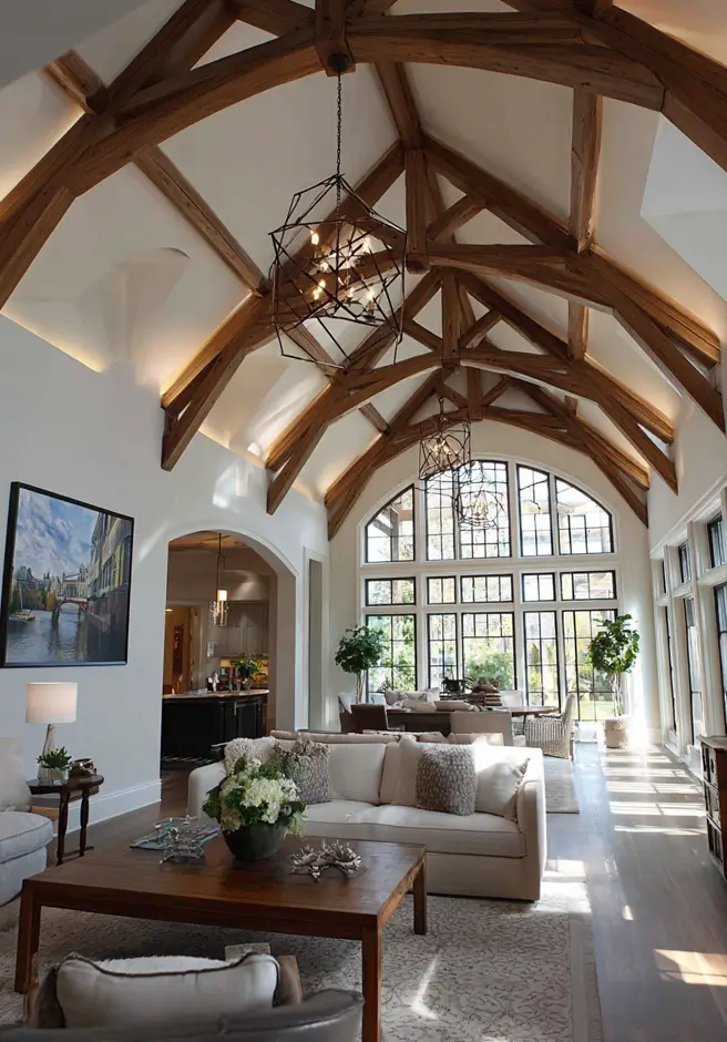 Modern Tudor Interior Design: A Definitive Guide 6 Spacious modern Tudor great room with a dramatic vaulted wood-truss ceiling and large arched window.