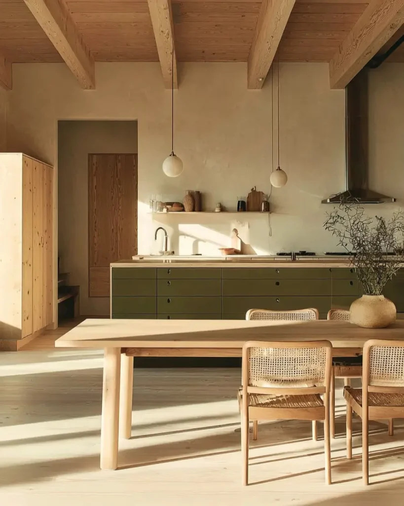 Scandinavian kitchen ideas featuring exposed wood beams, olive cabinets, and rattan dining chairs.