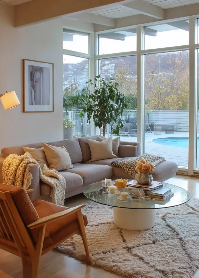 35 Scandinavian Living Room Ideas for a Cozy, Minimalist Home 6 Floor-to-ceiling glass walls in a modern Scandinavian living room overlooking a pool and trees.