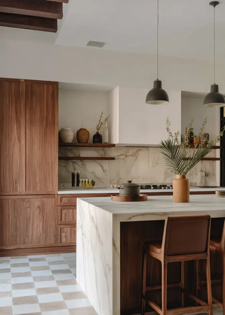 Contemporary Scandinavian kitchen featuring marble waterfall island and dark wood accents.