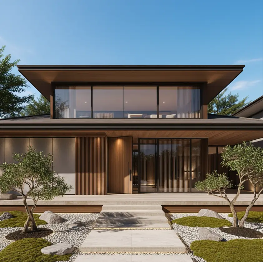 A modern Japandi style home exterior with a horizontal roofline, wood slats, and raked-gravel landscaping.
