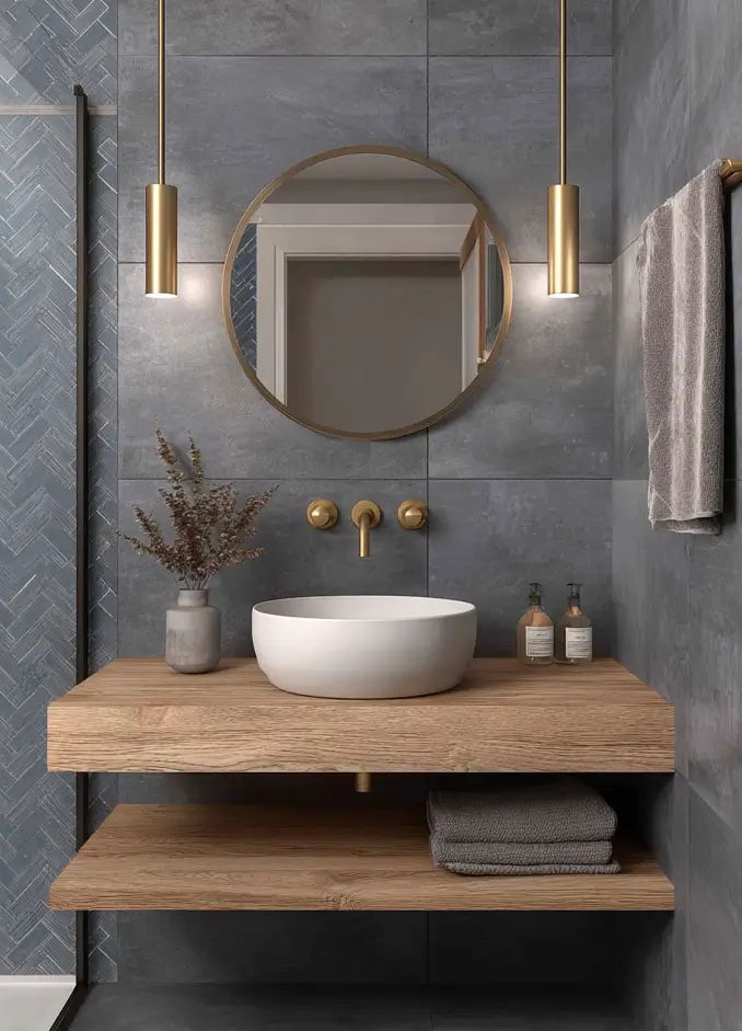 43 Mid Century Modern Small Bathroom Ideas for a Timeless Oasis (2025) 42 Floating wood shelves with white vessel sink and gray textured tiles in a modern bathroom.