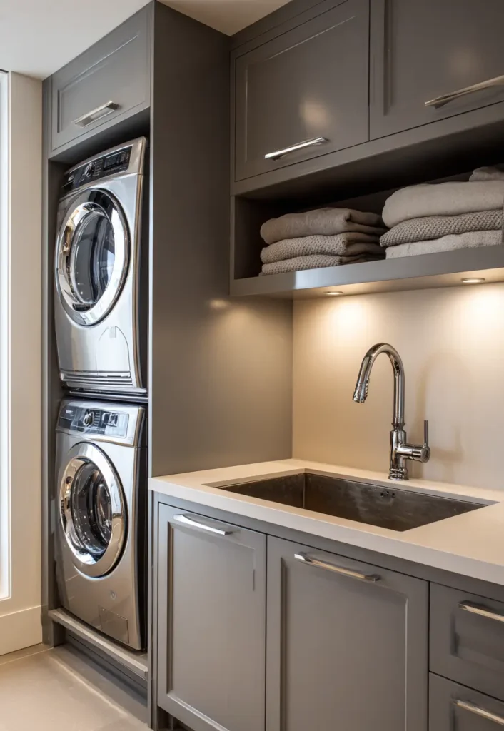 Modern ranch style interior design laundry room with gray shaker cabinets and stacked appliances.