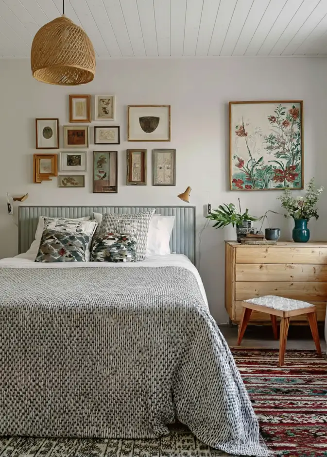 47 Scandinavian Bedroom Interior Design Ideas for a Serene Retreat 42 A Scandinavian design bedroom with a curated gallery wall, a raw pine dresser, and a woven pendant light.