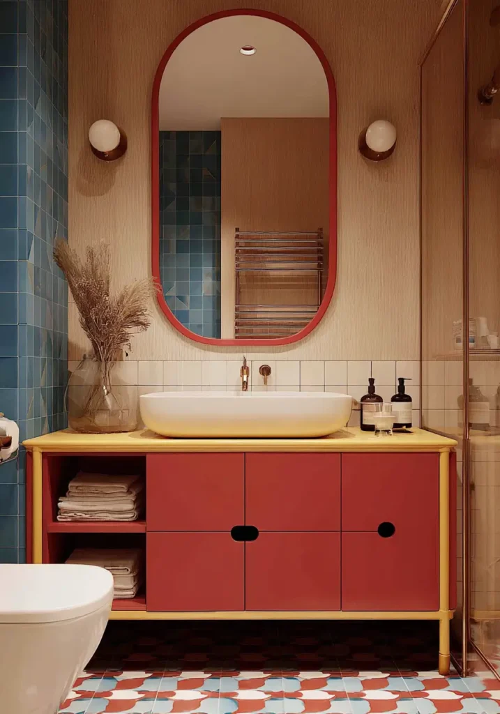 43 Mid Century Modern Small Bathroom Ideas for a Timeless Oasis (2025) 43 Red and yellow custom vanity with colorful graphic floor tiles in a playful retro bathroom.