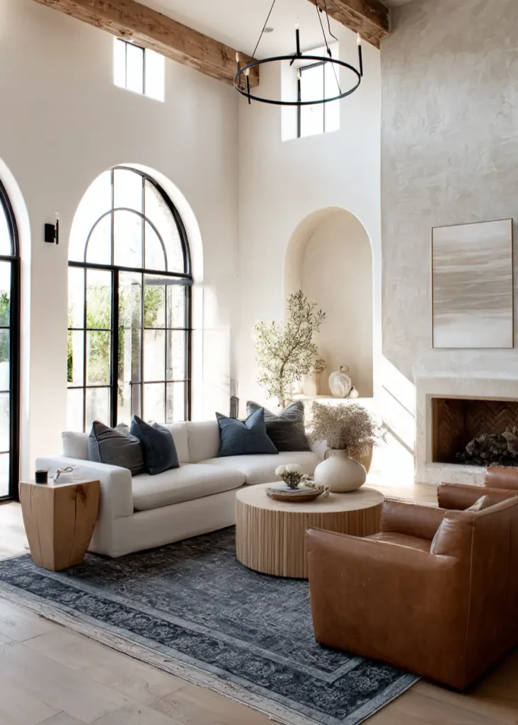 46 Modern Mediterranean Living Room Design Ideas 43 Modern Mediterranean living room design centered by a massive wrought iron chandelier.