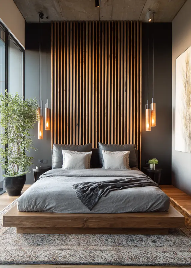 A modern ranch interior design bedroom with a wood slat feature wall and a low platform bed.