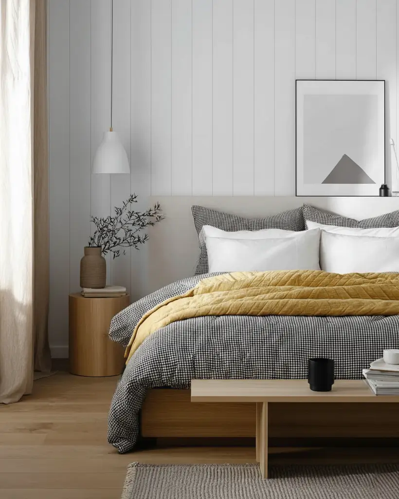 47 Scandinavian Bedroom Interior Design Ideas for a Serene Retreat 43 A modern Scandinavian bedroom with white paneled walls, a bed with a houndstooth duvet, and a yellow throw.