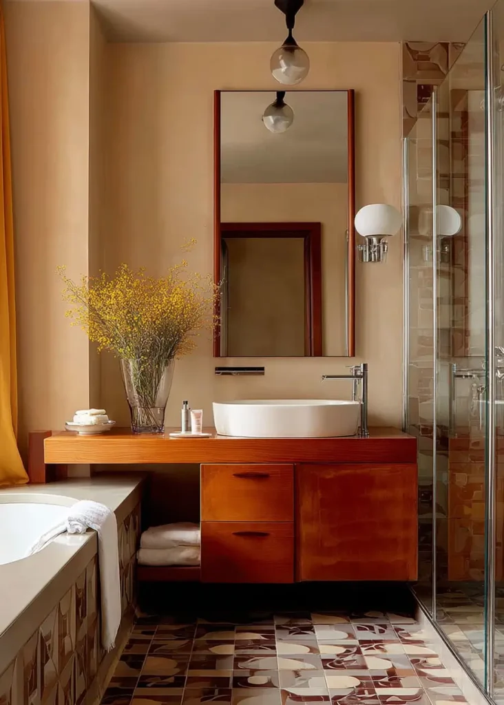 46 Scandinavian Bathroom Design Ideas for a Serene Sanctuary 43 Retro patterned floor tiles in brown and cream with wood vanity and amber accents.