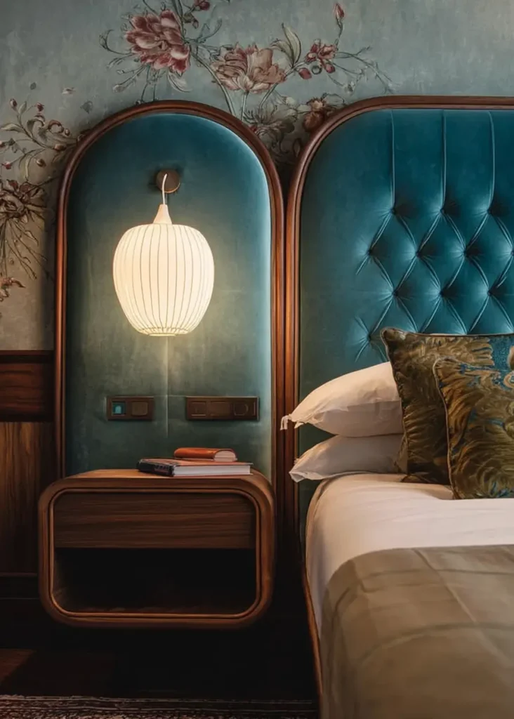 49 Headboard Design Ideas That Instantly Elevate Your Bedroom 43 Teal velvet twin arched button-tufted headboards with floral wallpaper and paper lantern pendant.