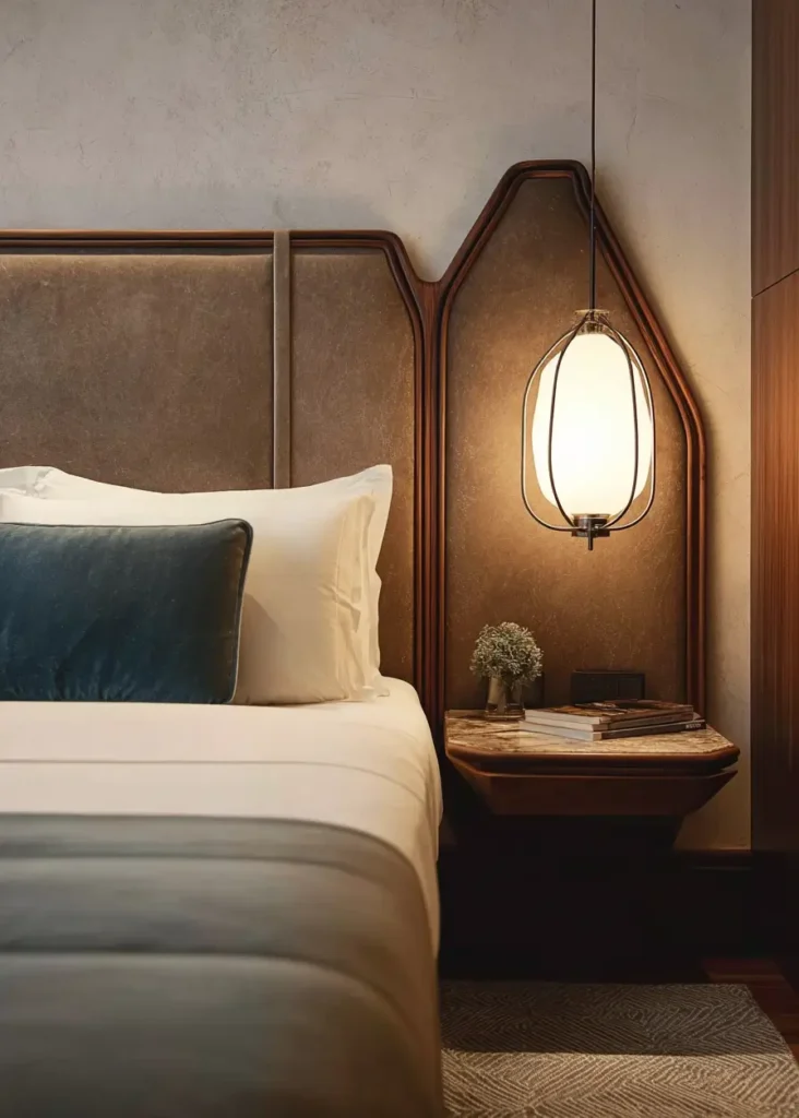 49 Headboard Design Ideas That Instantly Elevate Your Bedroom 44 Brown leather and walnut wood tapered headboard with integrated modern pendant light.