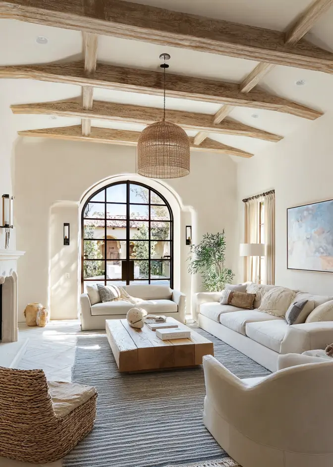 46 Modern Mediterranean Living Room Design Ideas 44 Bright Mediterranean living room with large arched steel doors and neutral decor.