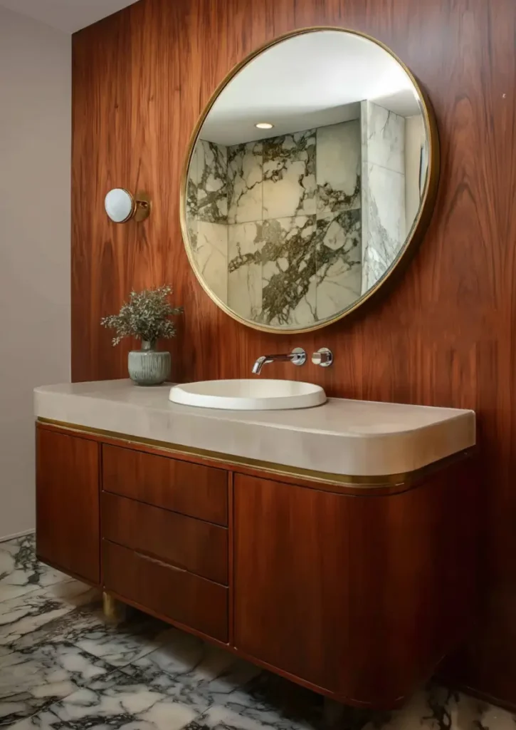 43 Mid Century Modern Small Bathroom Ideas for a Timeless Oasis (2025) 44 Floor to ceiling walnut paneling with round brass mirror and marble floor in a luxury retro bathroom.
