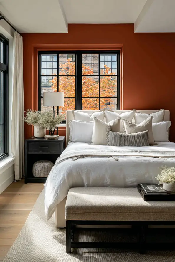 A modern ranch bedroom with warm terracotta walls and black grid-style windows.