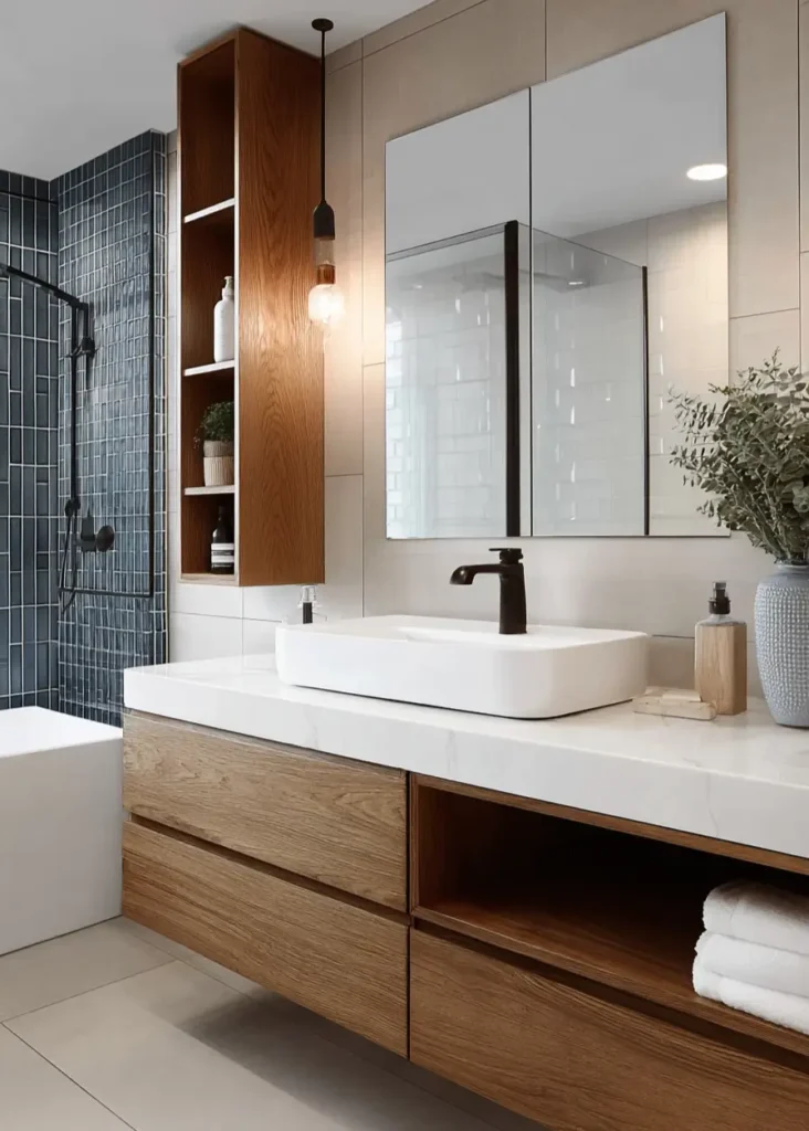 46 Scandinavian Bathroom Design Ideas for a Serene Sanctuary 44 Vertical blue-grey subway tiles in a modern bathroom with wood vanity and storage tower.