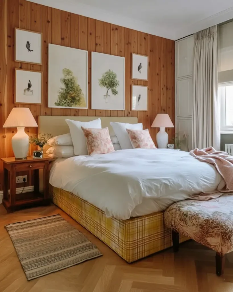 47 Scandinavian Bedroom Interior Design Ideas for a Serene Retreat 44 A Scandinavian bedroom with a wood-paneled feature wall, a yellow plaid bed skirt, and a floral bench.