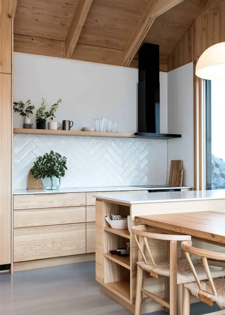Scandinavian kitchen interior design featuring pine ceiling beams and herringbone tile backsplash.