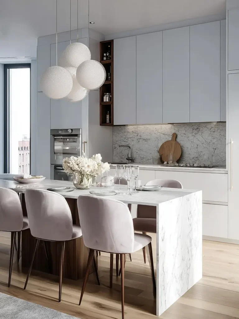 Contemporary Scandinavian kitchen featuring frosted globe pendant lights and marble island.