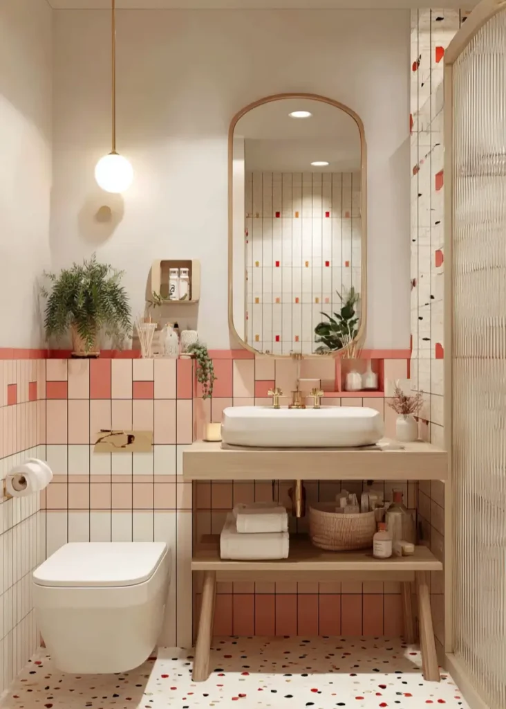 46 Scandinavian Bathroom Design Ideas for a Serene Sanctuary 45 Pink and cream grid tiles with confetti terrazzo floor and wood vanity in a cheerful bathroom.