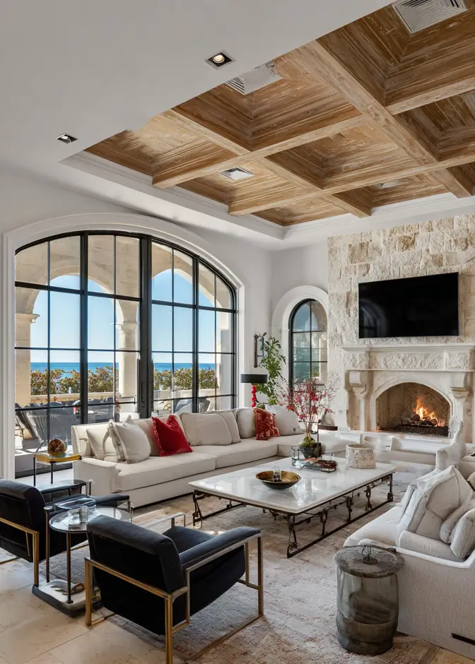 46 Modern Mediterranean Living Room Design Ideas 45 Luxury Mediterranean living room with large arched window framing an ocean view.