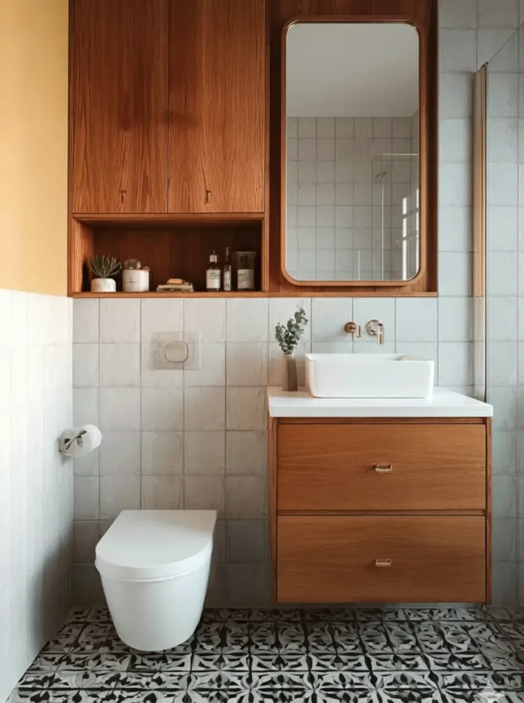43 Mid Century Modern Small Bathroom Ideas for a Timeless Oasis (2025) 45 Floor to ceiling walnut cabinet with open shelving and patterned floor tiles in a mid century small bathroom.
