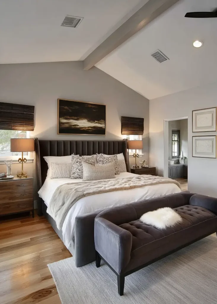 Modern ranch style interior design bedroom with a vaulted ceiling, exposed beam, and plush upholstered bed.