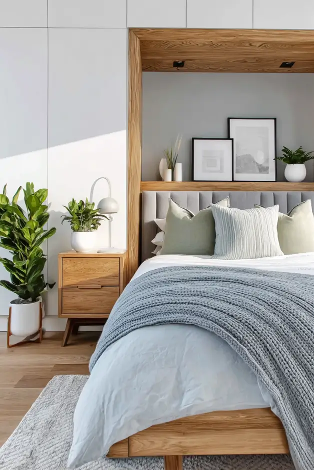 47 Scandinavian Bedroom Interior Design Ideas for a Serene Retreat 45 Modern Scandinavian bedroom featuring a built-in oak bed nook with integrated shelving, surrounded by white cabinetry.